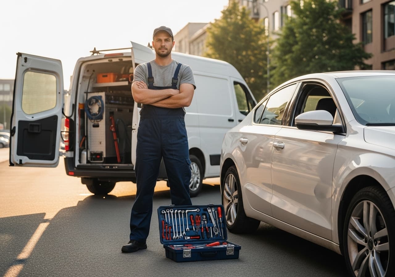 Technician servicing a vehicle